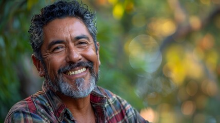 59-year-old Latino man exudes happiness and the joy of being alive in a natural park near a lake. He smiles naturally and is confident and relaxed.