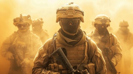 The camera is focused on several modern soldiers who are fully equipped in a dusty and smoggy environment that is surrounded by dust and ash