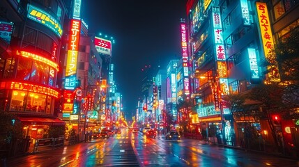 Wall Mural - Japan city street at night. neon lights and billboards 