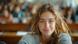 © Антон Сальников - In a lecture hall of a college, a French caucasian female student is smiling and relaxed