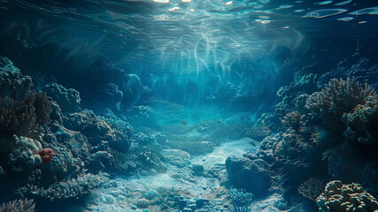 coral blue water in the ocean, oceanic view, underwater life scene, coral blue background