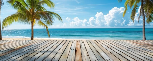 Wall Mural - Tropical Seascape With Wooden Planks And Palm Trees - Summer Holiday Background