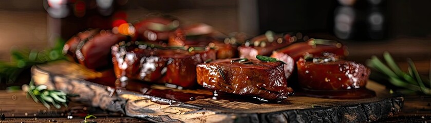 Wall Mural - Sliced, grilled meat medallions with herbs served on a rustic wooden platter. Perfect for BBQ, steakhouse, or gourmet culinary presentations.