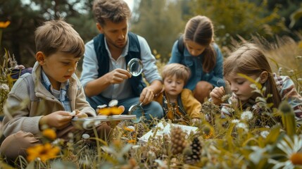 A group of school children accompanied by their teacher go on a nature walk to learn science.