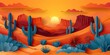 © QuietWord - desert landscape with sunburst paper art style illustration, cactus and dune cloudy sky