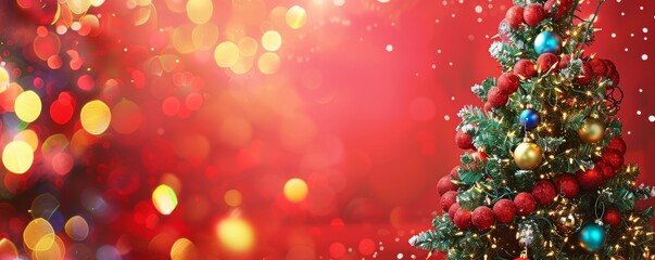 Wall Mural - A defocused Christmas tree on a background of red glitter