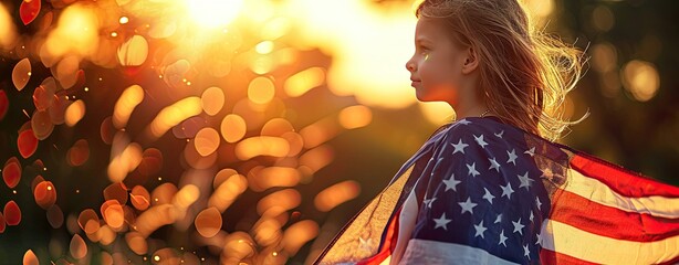 Wall Mural - Independence Day, Little Girl With Usa Flag, Proud And Freedom Concept