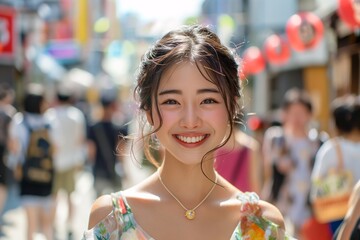 Wall Mural - Smiling Young Asian Woman in Colorful Dress Standing in Busy Urban Street with People in the Background