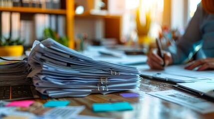 A stack of documents on an office desk with a person working in the background, highlighting a busy workspace and paperwork organization.