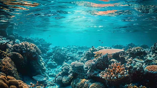 coral blue water in the ocean, oceanic view, underwater life scene, coral blue background