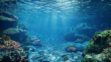 Wall Mural - coral blue water in the ocean, oceanic view, underwater life scene, coral blue background
