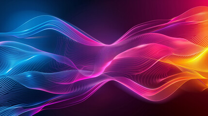 Wall Mural - Neon shiny light glowing wave lines, vector futuristic techno template