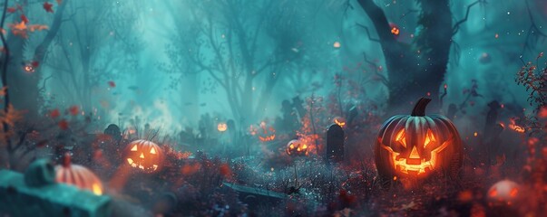 defocused abstract halloween - pumpkins in spooky forest with tombs