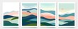 © Mark - Four abstract landscapes. Colorful sky, field, grass, green hills, horizon. Flat design. Nature, tourism, travel concept. Hand-drawn trendy modern illustration. Background, poster, wallpaper.