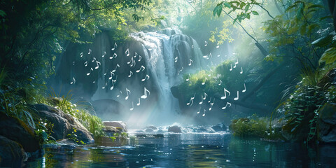Wall Mural - Serene Waterfall Melodies: Music Notes Drifting in the Mist of a Tranquil Waterfall Scene
