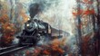 © Bijac - nostalgic vintage steam train chugging through a misty autumn forest evoking a sense of timeless adventure digital painting