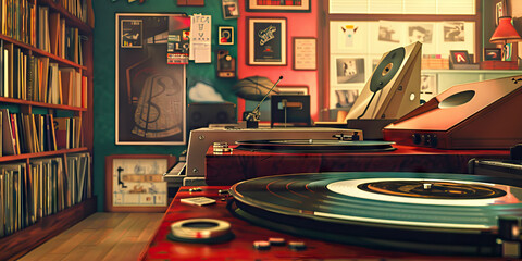 Vintage Music Shop: Music Notes in a Vintage Record Store Setting with Vinyl Records and Retro Decor.