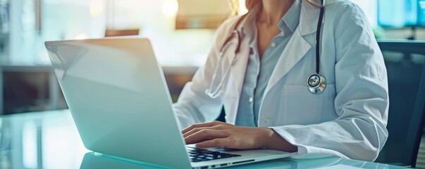 Wall Mural - A female doctor sits at her desk working with her laptop.