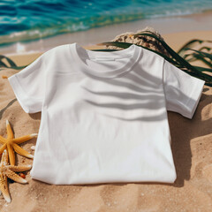 Wall Mural - Mockup of a cloth for an advertisement, poster, or art design. A basic white folded t-shirt is displayed on a sand, beach and ocean background with decorations for summer advertisement.