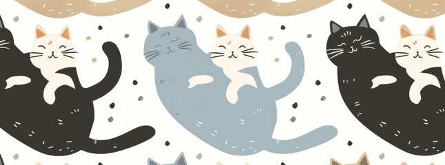 Wall Mural - Various poses of playful cats lying in coziness and comfort. Cute pets. Hand drawn modern illustration. Set of three seamless patterns. Background, wallpaper.