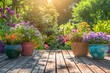© mediahain.de - A charming garden scene with colorful flowerpots on a wooden deck, bathed in warm sunlight, evoking a sense of peace and natural beauty