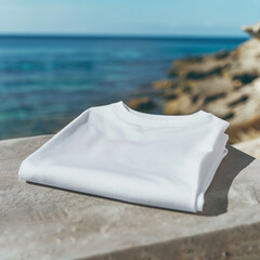 Canvas Print - Mockup of a cloth for an advertisement, poster, or art design. A basic white folded t-shirt is displayed on a concrete balcony and sea background for summer advertisement.