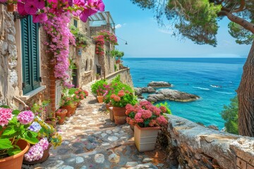 With flowers, fences, and ocean in the background, a seaside town in Spain