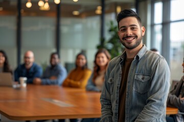 Wall Mural - Male businessman, portrait and team meeting in office for brainstorming, ideas, and planning. He is collaborating as group, people, and workplace as a sales consultant.