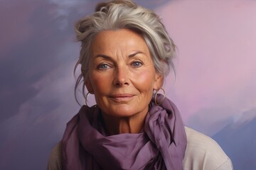Wall Mural - Portrait of a tender woman in her 60s wearing a versatile buff in soft purple background