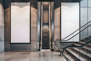 Wall Mural - Two vertical blank white mockups on two empty black billboards in the entrance of an office building with an escalator, minimalist interior used industrial material