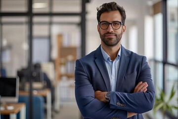 A confident businessman standing in an office, represents professional success, with copy space