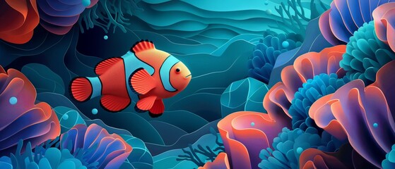 Wall Mural - cute paper cut style illustration, clownfish in coral reef, underwater world, environmental preservation concept

