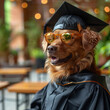 © liubovyashkir - Dog graduation cap gown standing outdoors looking happy. Concept education, graduate, leader