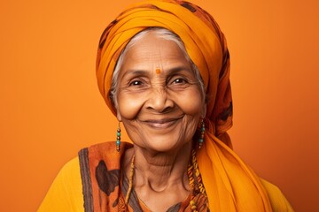 Wall Mural - Portrait of a grinning indian woman in her 70s sporting a trendy beanie isolated in soft orange background