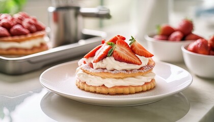 Wall Mural - Strawberry shortcake with whipped cream dessert on a white plate; modern kitchen counter; close up