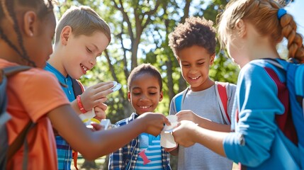 a diverse group of children happily engaging in a hands-on outdoor activity in a sunny park.