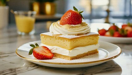 Wall Mural - Strawberry shortcake with whipped cream dessert on a white plate; modern kitchen counter; close up; cinematic  