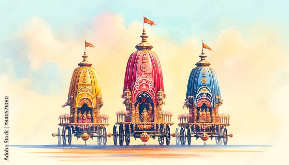 Watercolor illustration for rath yatra with large decorated chariots ...