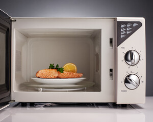 Cooked salmon with lemon and parsley on plate in microwave