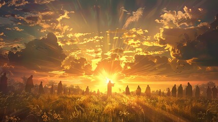 Wall Mural - risen christ appearing in radiant light to followers at sunrise digital painting