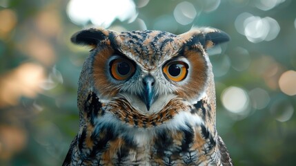 A close up of an owl with big round orange eyes and brown and black feathers.