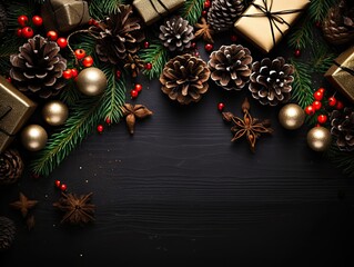 Poster - Christmas gifts with decorated fir tree branches over dark background