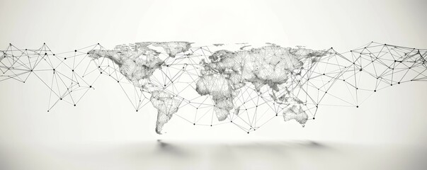 Poster - Abstract world map with interconnected nodes on a white background, representing global communication and connection.