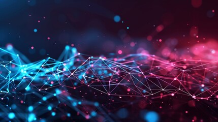 Fototapete - Abstract representation of a digital network with interconnected nodes in blue and pink hues, resembling a futuristic data exchange.