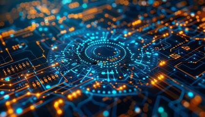 Aufkleber - Futuristic digital circuit board with glowing blue and orange lights, representing advanced technology and innovation in the tech industry.
