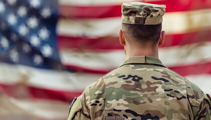 Wall Mural - A man in a military uniform stands in front of a large American flag