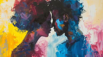 Wall Mural - romantic interracial couple in love abstract painting with brush strokes