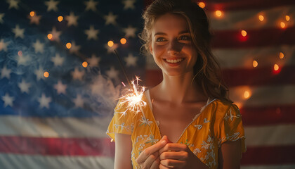 Wall Mural - A woman is holding a sparkler and smiling in front of an American flag