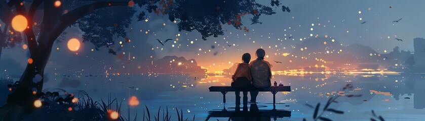 Craft an image of a couple sitting on a bench by a tranquil lake at dusk