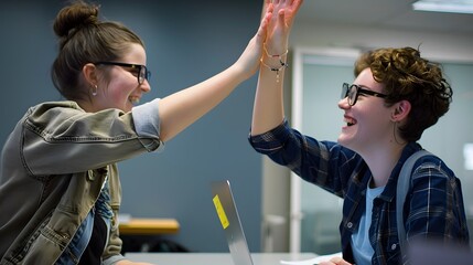 Canvas Print - Two young women celebrating success with a high-five at a modern office workspace.